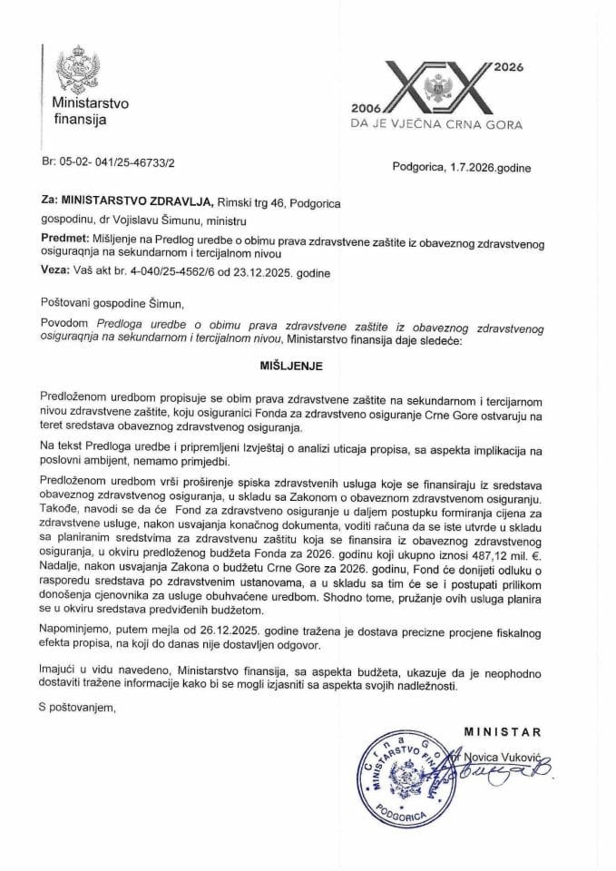 Mišljenje na Predlog uredbe o obimu prava zdravstvene zaštite iz obaveznog zdravstvenog osiguranja na sekundarnom i tercijalnom nivou