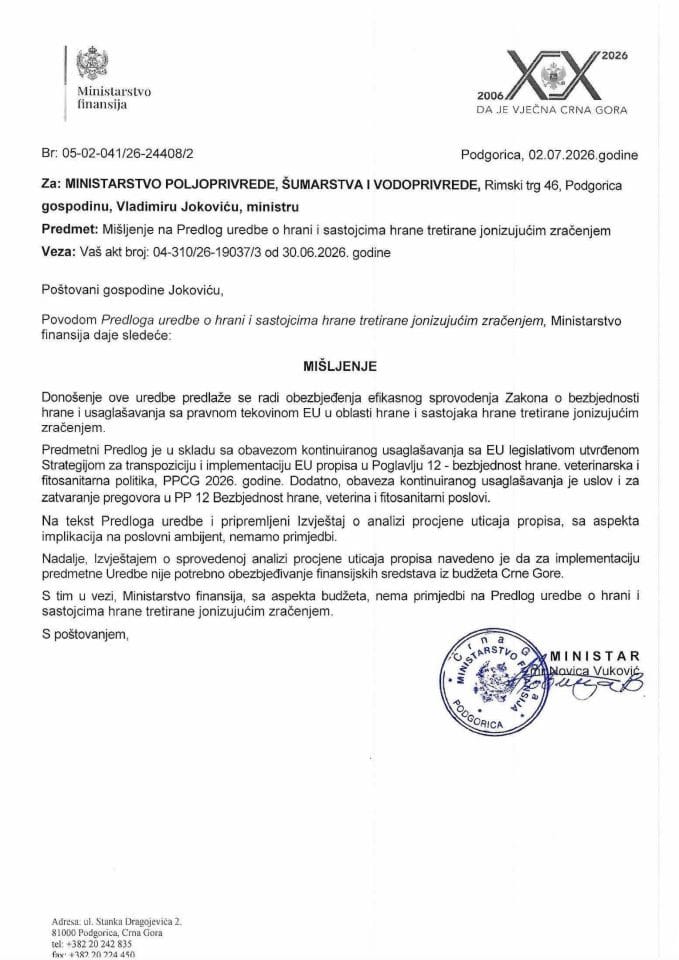 Mišljenje na Predlog uredbe o hrani i sastojcima hrane tretirane jonizujućim zračenjem