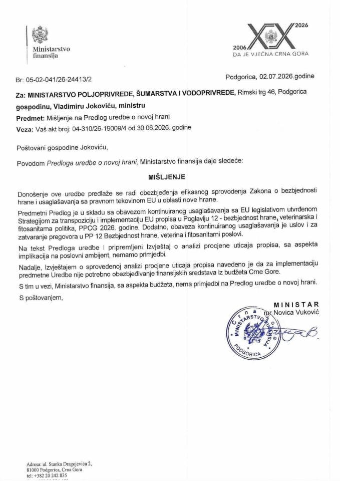 Mišljenje na Predlog uredbe o novoj hrani