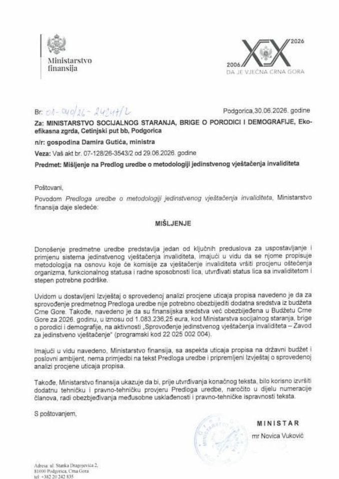 Mišljenje na Predlog uredbe o metodologiji jedinstvenog vještačenja invaliditeta