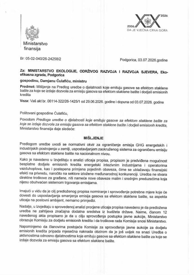 Mišljenje na Predlog uredbe o djelatnostima koje emituju gasove sa efektom staklene bašte za koje se izdaje dozvola za emisiju gasova