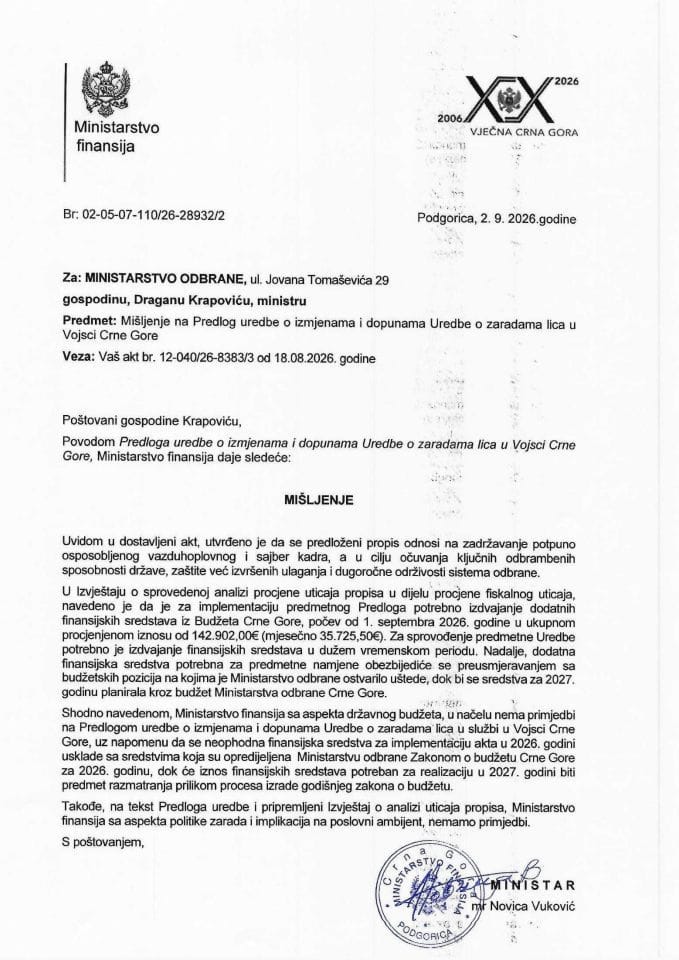 Mišljenje na Predlog uredbe o izmjenama i dopunama Uredbe o zaradama lica u vojsci Crne Gore