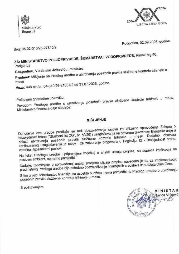 Mišljenje na Predlog uredbe o utvrđivanju posebnih pravila službene kontrole trihinele u mesu