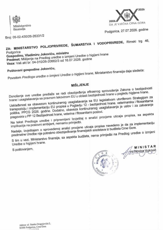 Mišljenje na Predlog uredbe o izmjeni Uredbe o higijeni hrane