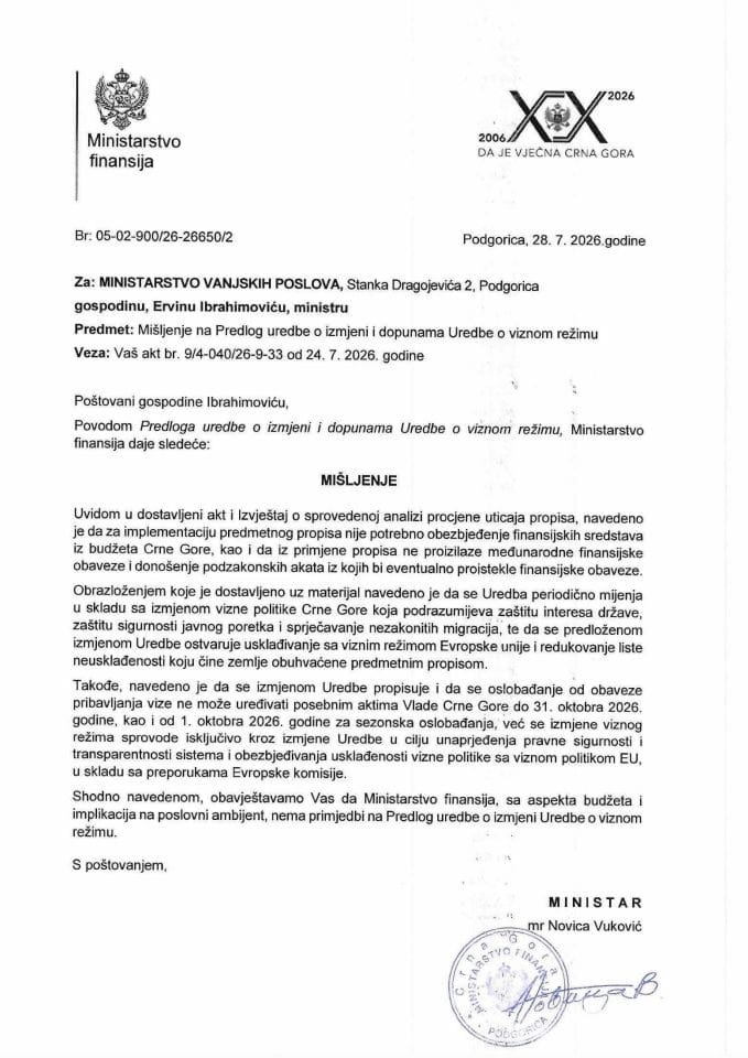 Mišljenje na Predlog uredbe o izmjeni i dopunama Uredbe o viznom režimu