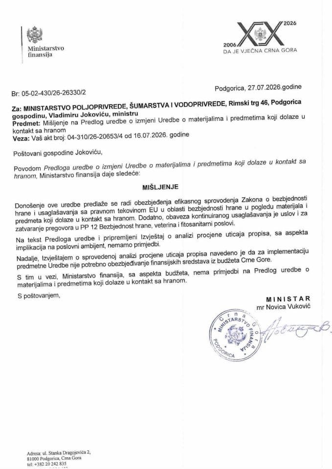 Mišljenje na Predlog uredbe o izmjeni uredbe o materijalima i predmetima koji dolaze u kontakt sa hranom