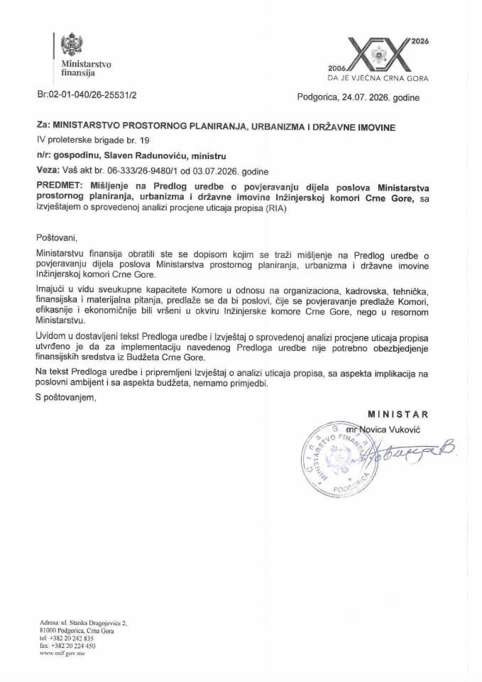 Mišljenje na Predlog uredbe o povjeravanju dijela poslova Ministarstva prostornog planiranja, urbanizma i državne imovine Inženjerskoj komori Crne Gore