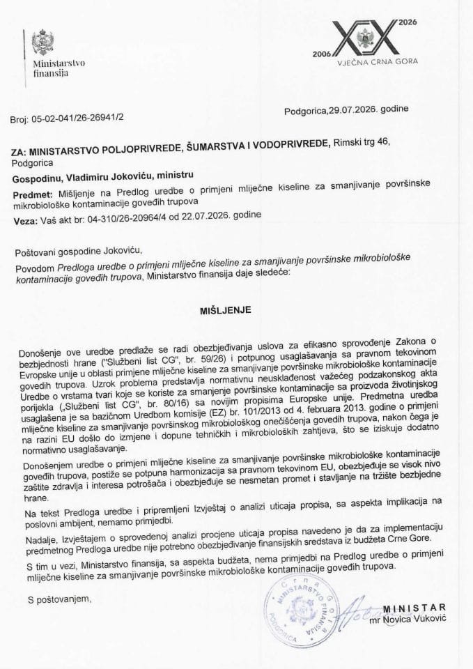 Mišljenje na Predlog uredbe o primjeni mliječne kisjeline za smanjivanje površinske mikrobiloške kontaminacije goveđih trupova