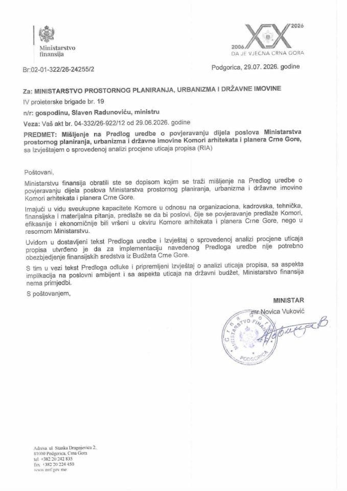 Mišljenje na Predlog uredbe o povjeravanju dijela poslova Ministarstva prostornog planiranja, urbanizma i državne imovine Komori arhitekata  Crne Gore