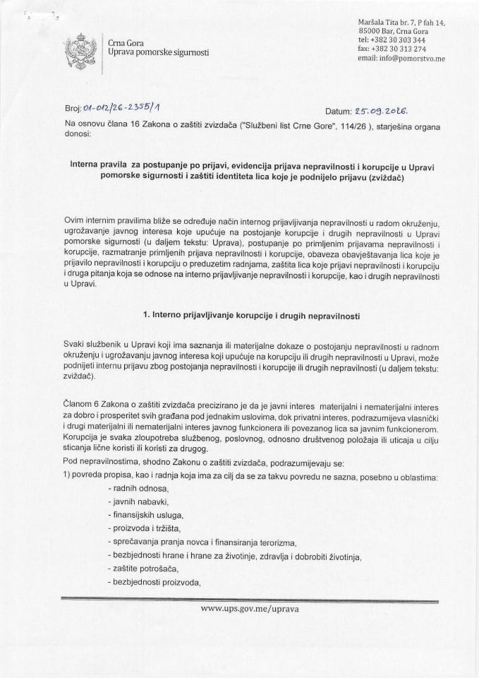 Interna pravila za postupanje po prijavi, evidencija prijava nepravilnosti i korupcije u UPS i zaštite identiteta lica koje je podnijelo prijavu (zvizdač)