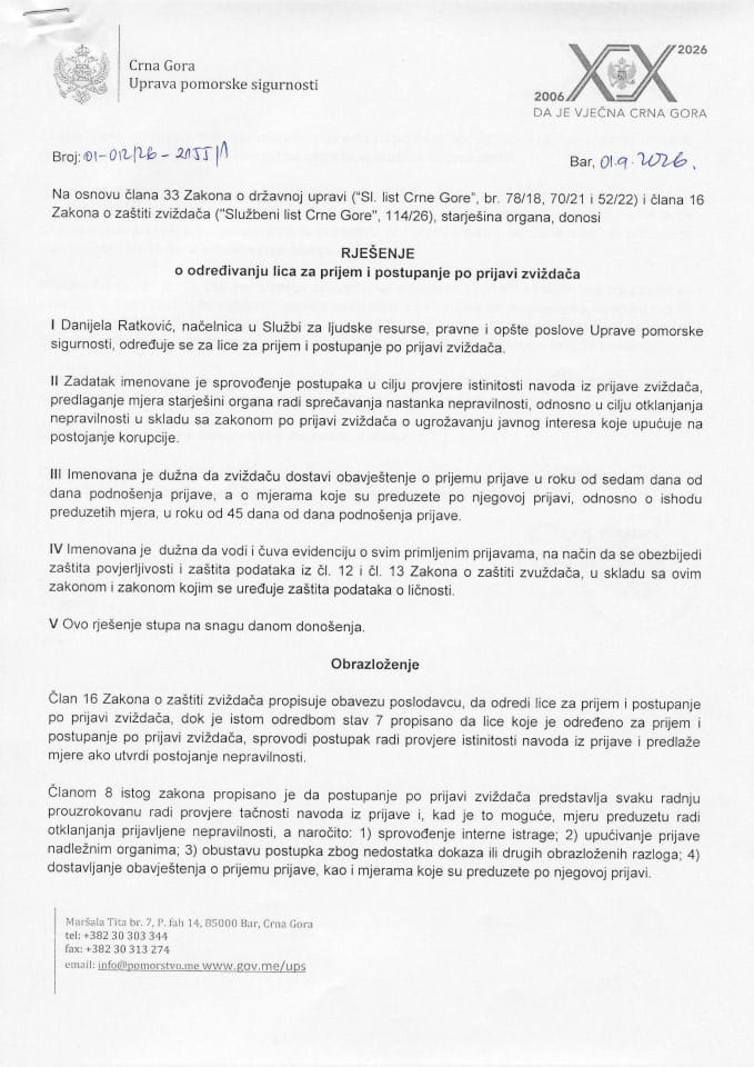 Rješenje o određivanju lica za prijem i postupanje po prijavi zvizdača