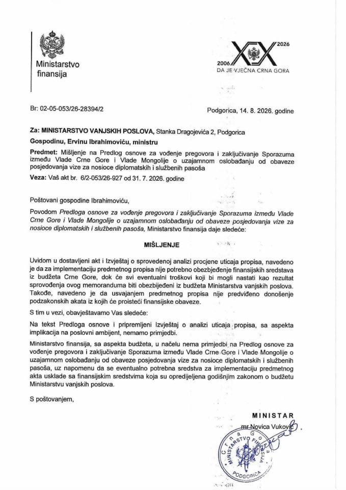 Mišljenje na Predlog osnove za vođenje pregovora i zaključivanje Sporazuma između Vlade Crne Gore i Vlade Mongolije