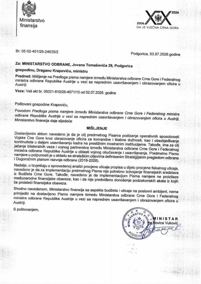 Mišljenje na Predlog pisma namjere između Ministarstva odbrane Crne Gore i Federalnog ministra odbrane Republike Austrije