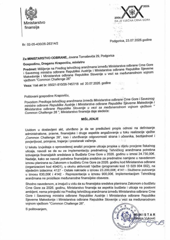 Mišljenje na Predlog tehničkog aranžmana između Ministarstva odbrane Crne Gore i Saveznog ministra odbrane Republike Austrije