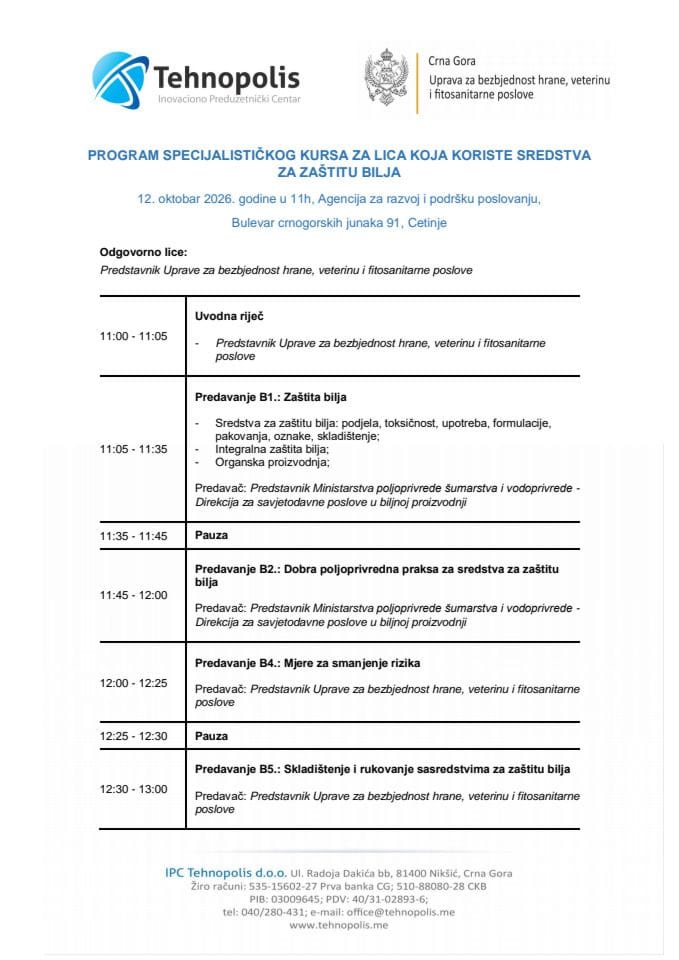 Agenda Cetinje - Specijalistički kurs za lica koja koriste sredstva za zaštitu bilja