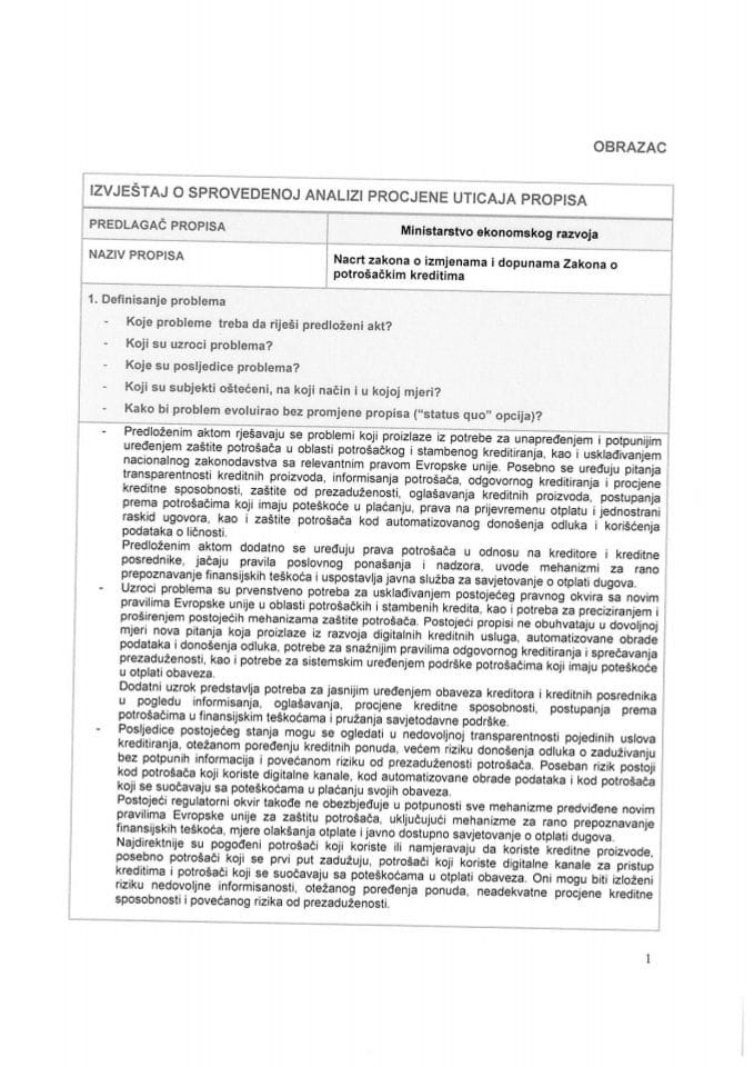 РИА образац - Нацрт закона о измјенама и допунама Закона о потрошачким кредитима