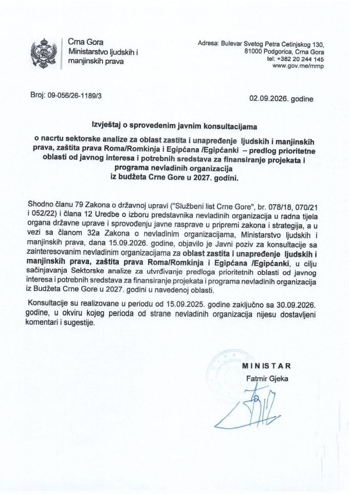 Izvještaj o sprovedenim javnim konsultacijama o nacrtu sektorske analize za oblast zastita i unapređenje ljudskih i manjinskih prava, zaštita prava Roma/Romkinja i Egipćana /Egipćanki