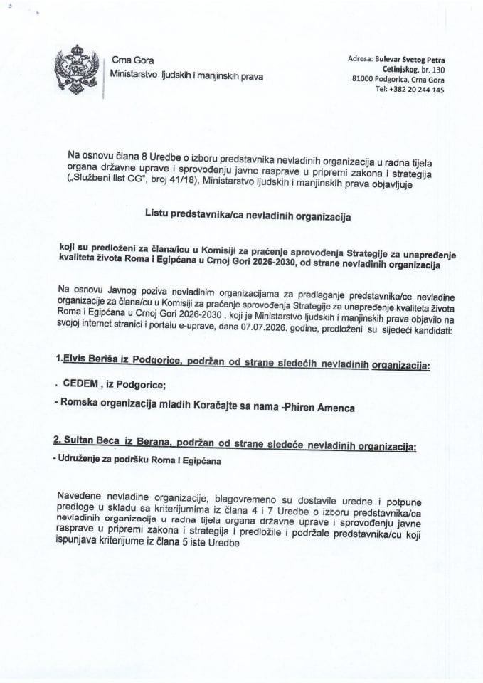 Lista predstavnika/ca nevladinih organizacija koji su predloženi za člana/icu u Komisiji za praćenje sprovođenja Strategije za unapređenje kvaliteta života Roma i Egipćana