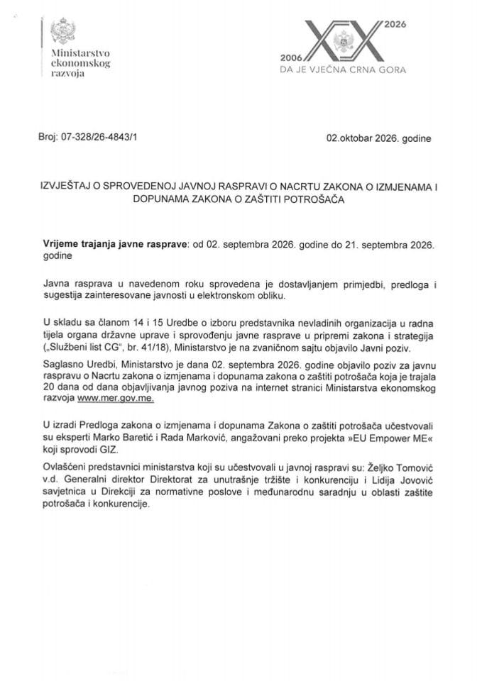 Izvještaj o sprovedenoj javnoj raspravi o Nacrtu zakona o izmjenama i dopunama zakona o zaštiti potrošača