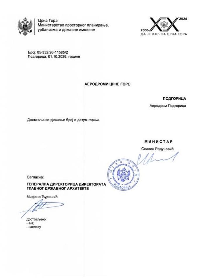 Rješenja glavnog državnog arhitekte - 01.10.2026 Rješenje -AERODROMI CRNE GORE -Opština Zeta