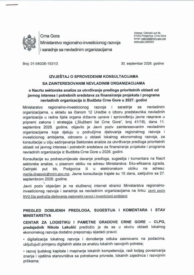 Izvještaj o sprovedenim konsultacijama sa zainteresovanim NVO