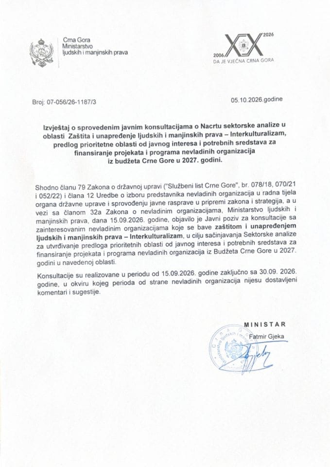 Извјештај о спроведеним јавним консултацијама о нацрту секторске анализе за област Заштита и унапређење људских и мањинских права – Интеркултурализам