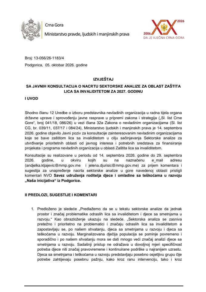 Извјештај о спроведеним јавним консултацијама о нацрту секторске анализе за област ЗАШТИТА ЛИЦА СА ИНВАЛИДИТЕТОМ
