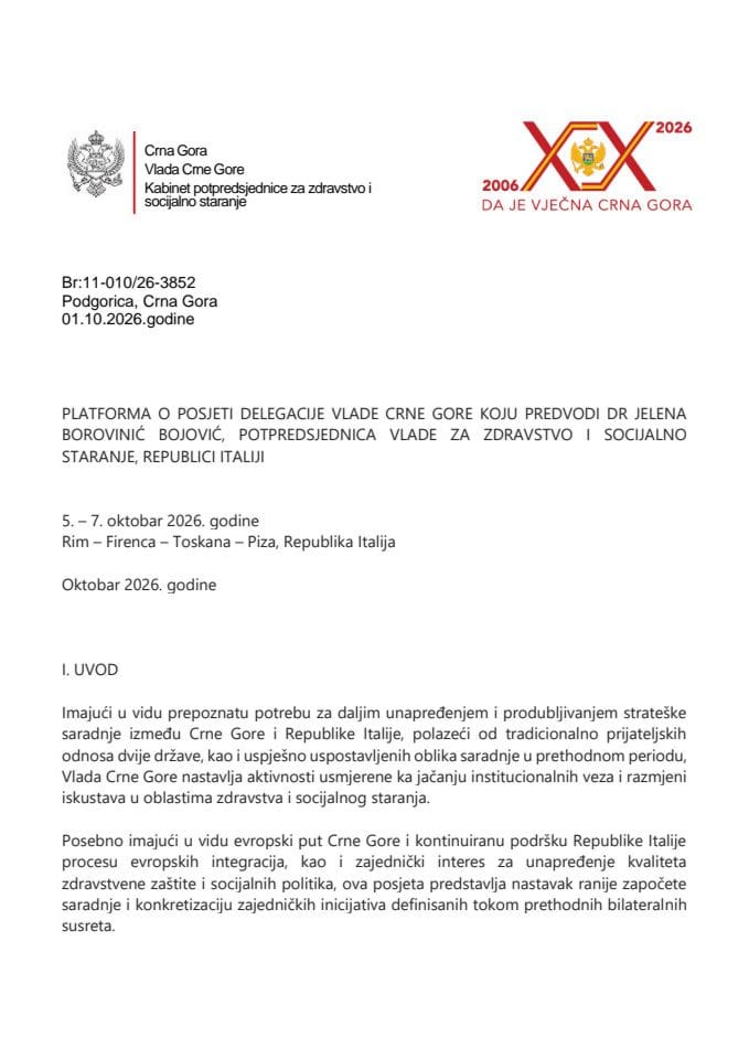 Предлог платформе о посјети делегације Владе Црне Горе, коју предводи др Јелена Боровинић Бојовић, потпредсједница Владе за здравство и социјално старање, Републици Италији, 5-7. октобар 2026. године