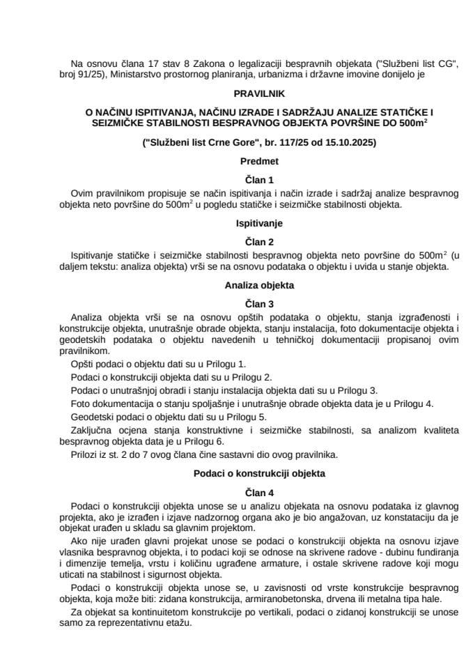 Pravilnik o načinu ispitivanja, načinu izrade i sadržaju analize statičke i seizmičke stabilnosti bespravnog objekta površine do 500m2