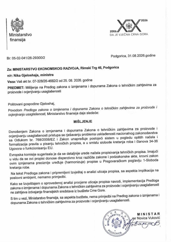 Mišljenje na Predlog zakona o izmjenama i dopunama Zakona o tehničkim zahtjevima za proizvode i ocjenjivanju usaglašenosti