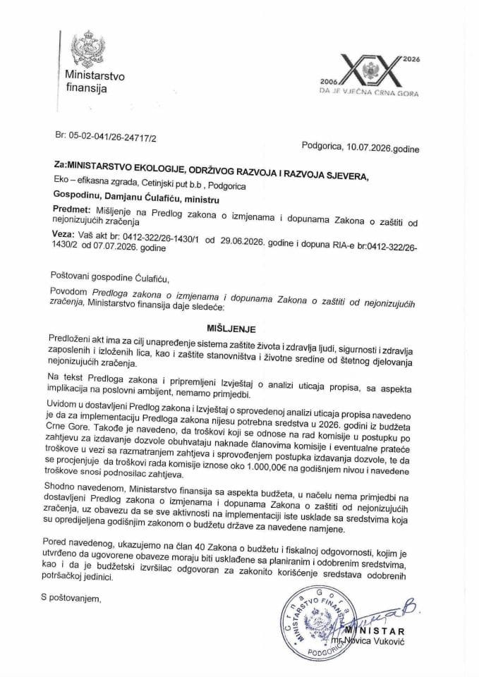 Mišljenje na Predlog zakona o izmjenama i dopunama zaštiti od nejonizujućih zračenja