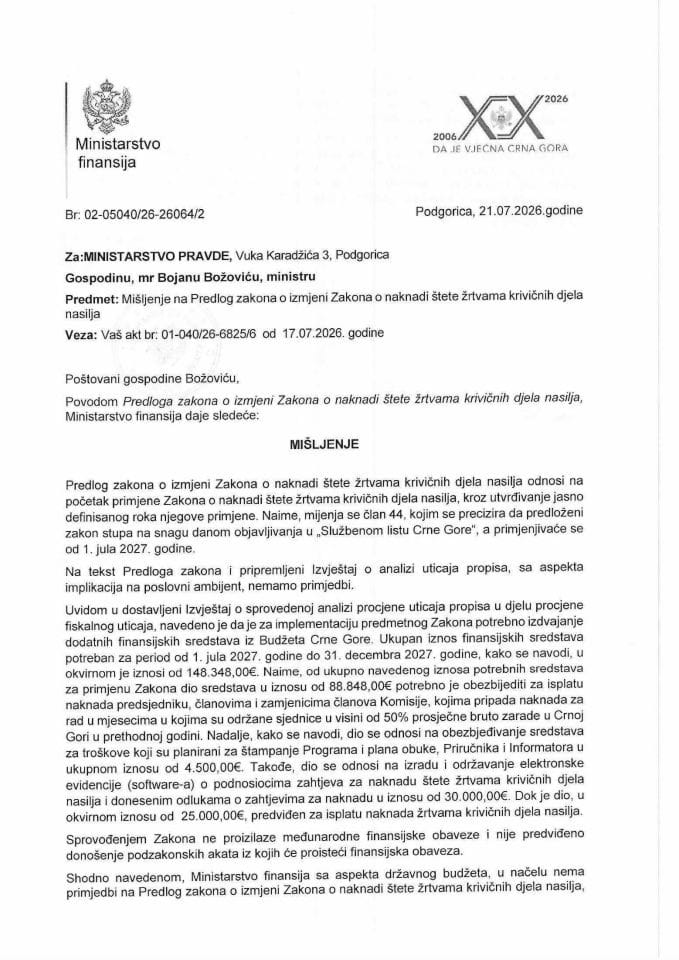Mišljenje na Predlog zakona o izmjeni Zakona o naknadi štete žrtvama krivičnih djela nasilja