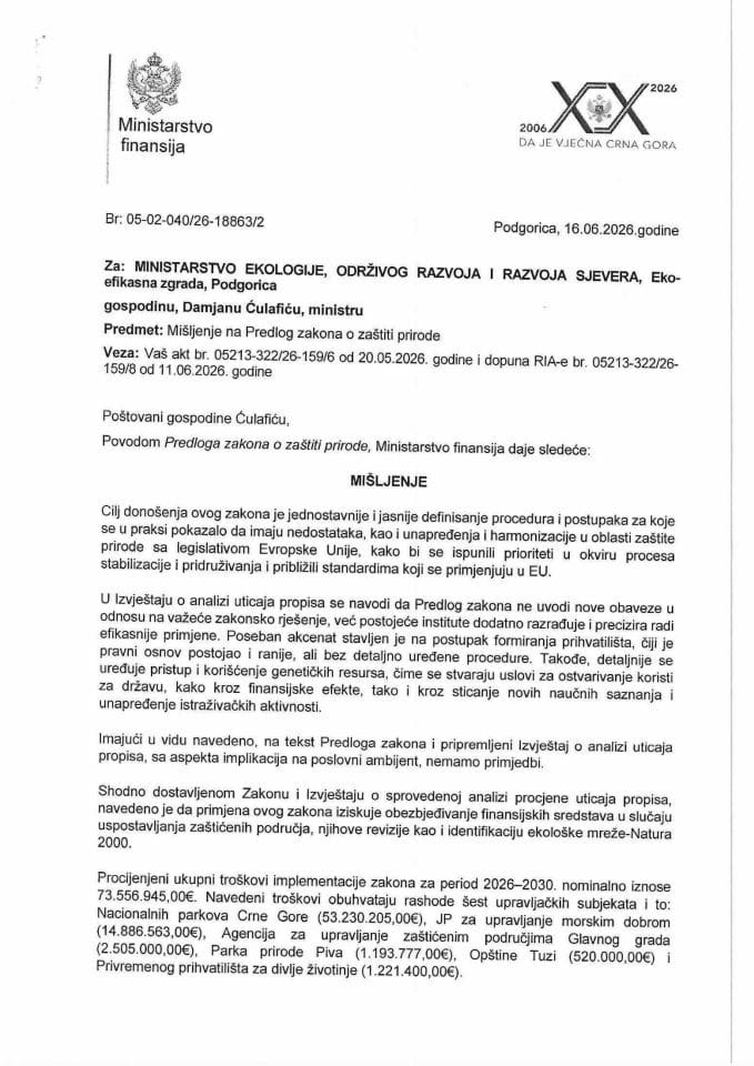 Mišljenje na Predlog zakona o zaštiti prirode