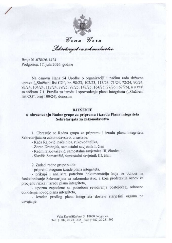 Rješenje o  obrazovanju Radne grupe za pripremu i izradu Plana integriteta SZZ 17.7.2026.