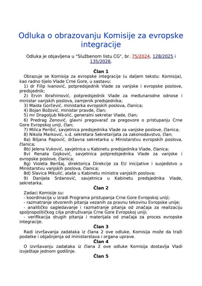 Odluka o obrazovanju Komisije za evropske integracije