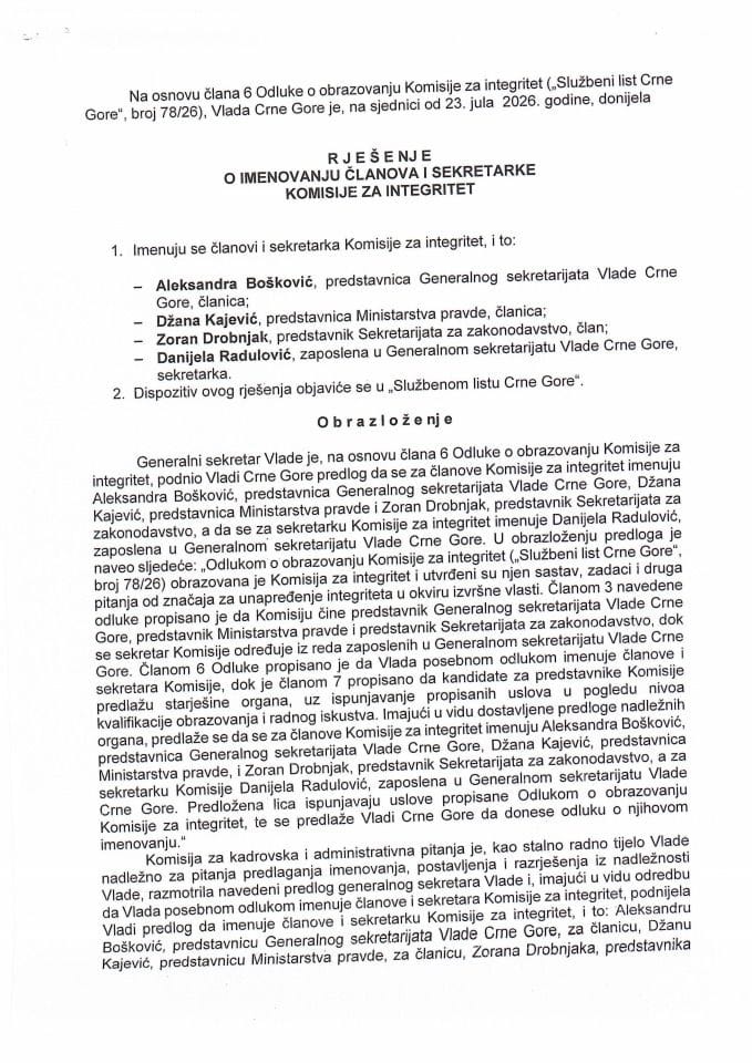 Rješenje o imenovanju članova Komisije za integritet