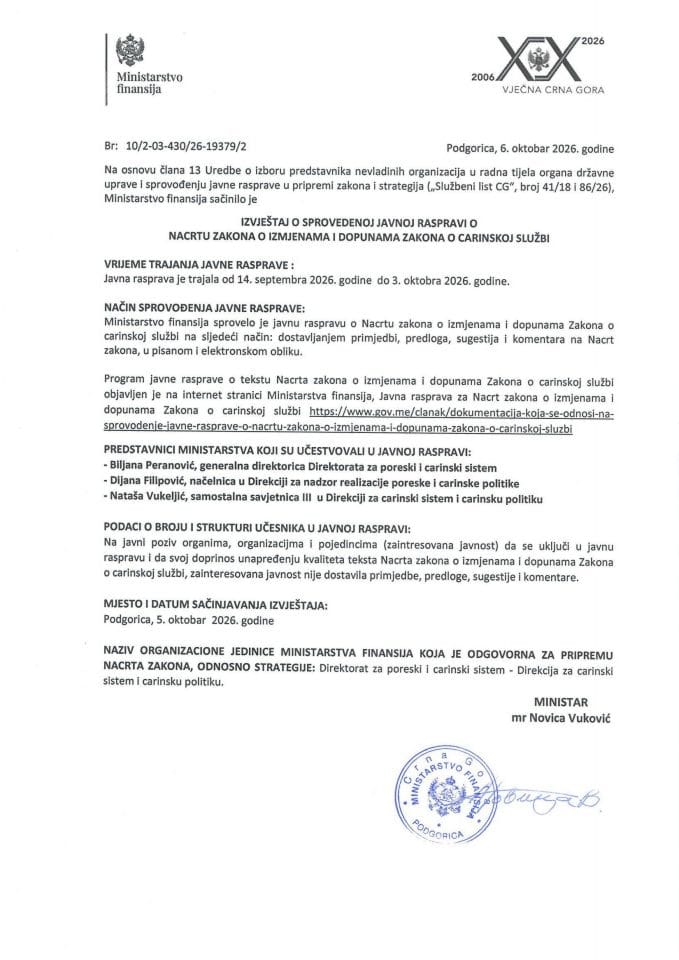 Извјештај о спроведеној јавној расправи о Нацрту закона о измјенама и допунама Закона о царинској служби
