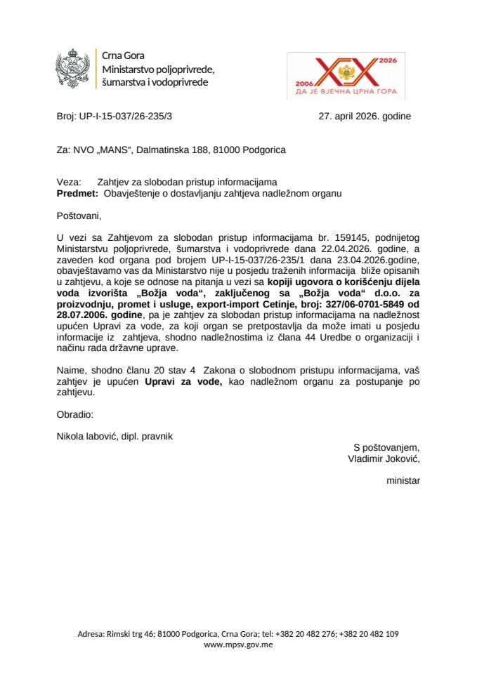 Obavještenje o dostavljanju zahtjeva nadležnom organu NVO MANS 159145 UP-I-15-037-26-235-3