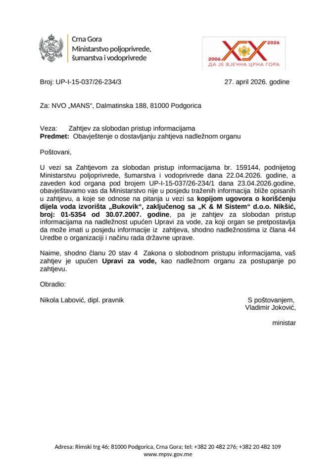 Obavještenje o dostavljanju zahtjeva nadležnom organu NVO MANS 159144 UP-I-15-037-26-234-3