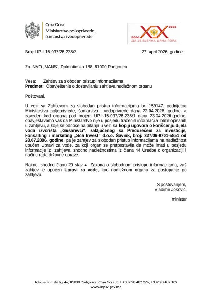 Obavještenje o dostavljanju zahtjeva nadležnom organu NVO MANS 159147 Up-I-15-037-26-236-3