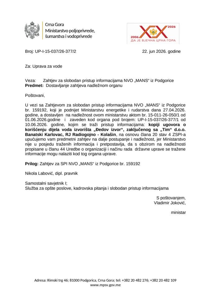 Dostavljanje  zahtjeva nadležnom organu NVO MANS 159192 UP-I-15-037-26-377-2
