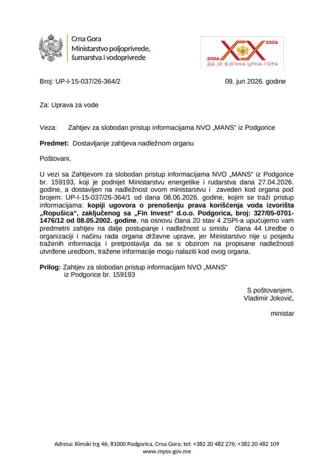 Dostavljanje  zahtjeva nadležnom organu NVO MANS UP-I-15-037-26-364-2
