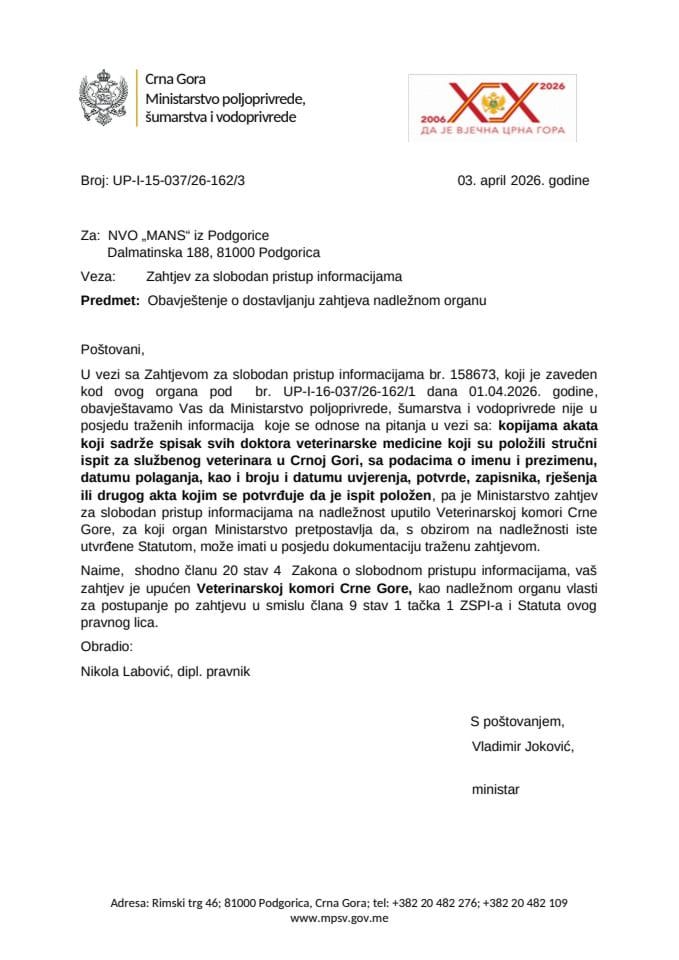 Obavještenje o dostavljanju NVO MANS BR. 158673 novo UP-i-