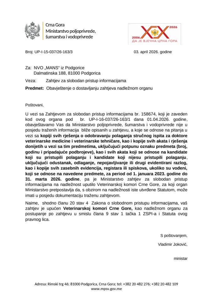 Obavještenje o dostavljanju NVO MANS BR. 158674 novo UP-I-163-3
