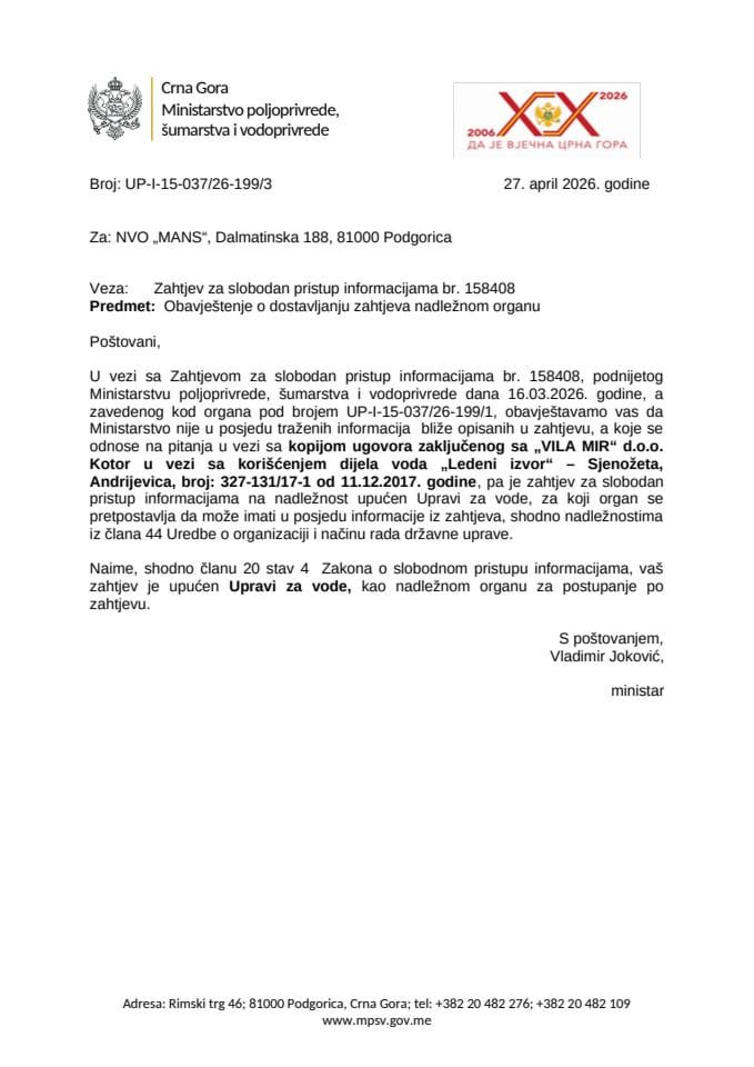 Obavještenje o dostavljanju zahtjeva nadležnom organu NVO MANS 158408 UP-I-15-037-26-199-3