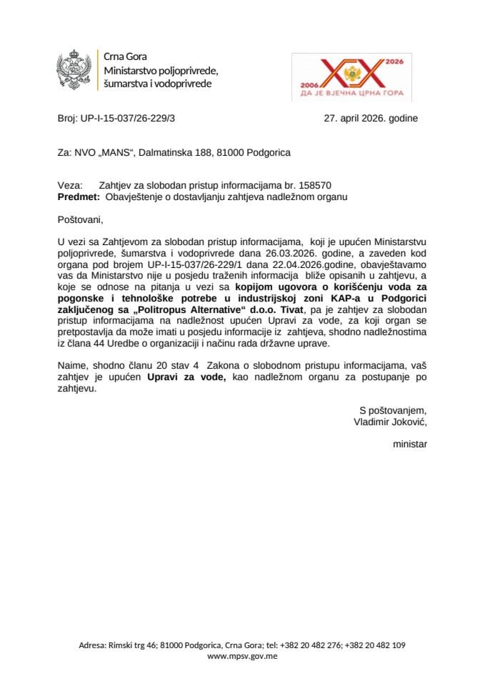 Obavještenje o dostavljanju zahtjeva nadležnom organu NVO MANS 158570 UP-I-15--037-26-229-3