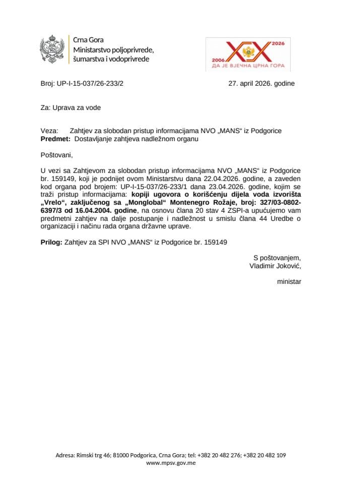 Dostavljanje  zahtjeva nadležnom organu NVO MANS 159149 up-I-15-037-26-233-2
