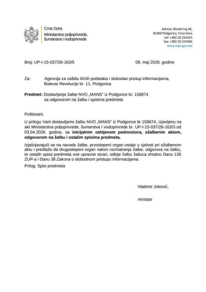 Dostavljanje žalbe Agenciji za zaštitu ličnih podataka NVO MANS  UP-I-15-037-26-163-5
