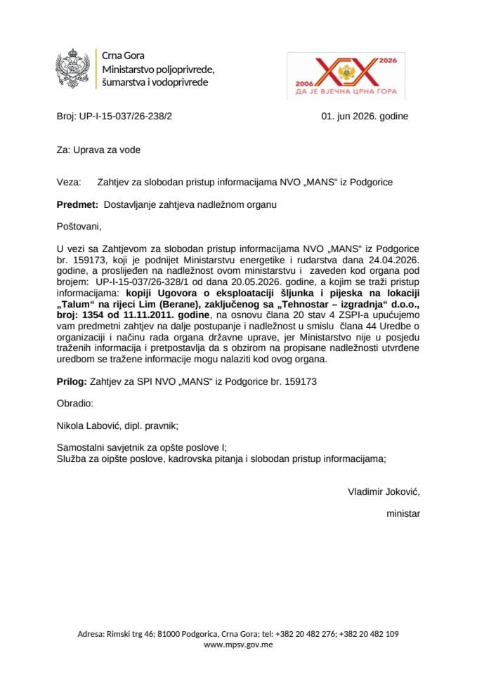 Dostavljanje  zahtjeva nadležnom organu NVO MANS 159173 UP-I-15-037-26-238-2