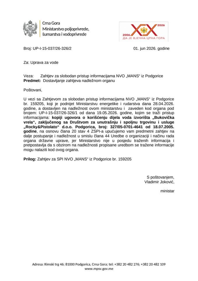 Dostavljanje  zahtjeva nadležnom organu NVO MANS 159205 br. UP-I-15-037-26-326-2
